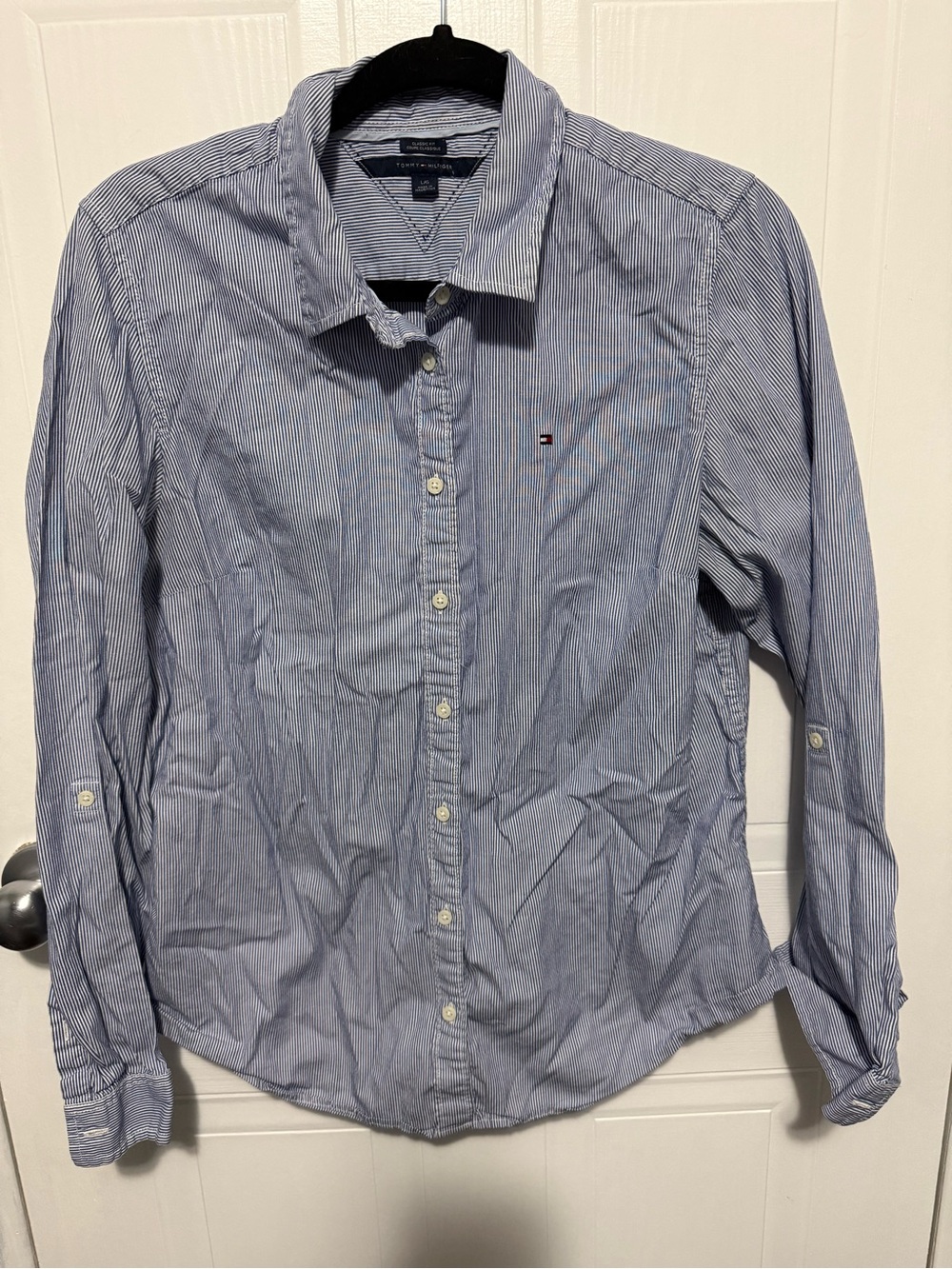 Tommy Hilfiger Blue and White Striped Button-Down Shirt